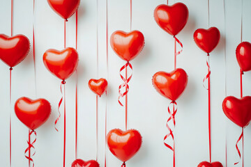 Red heart-shaped balls of different sizes hang on ribbons next to a white wall.