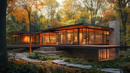 Obraz premium A modern, glass-walled house surrounded by autumn foliage and a peaceful pond, blending seamlessly with its natural environment.