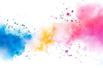Splashes and spots of pink, yellow and blue colors on a white background.