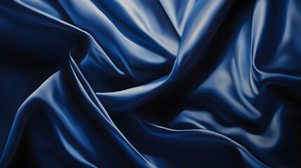 Fototapeta premium Luxurious Deep Blue Satin Fabric Draped in an Elegant Arrangement Highlighting Soft Glossy Textures and Rich Color Depth for Textile and Fashion Designs