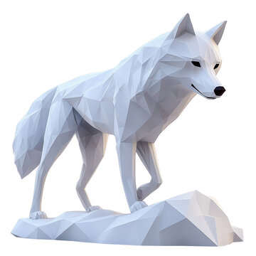 Stylized low-poly wolf sculpture showcasing modern geometric design and artistic perspective. isolate on white background