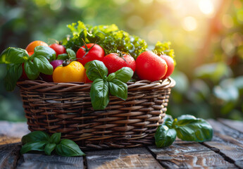 Fresh vegetables in a wicker basket under sunlight. A wicker basket filled with ripe tomatoes and fresh basil sits on a wooden table bathed in warm sunlight.