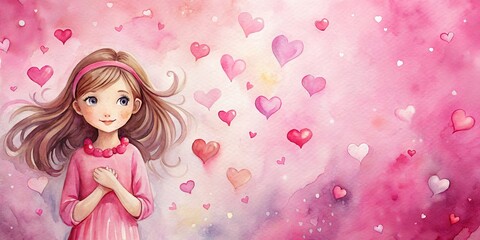 Fototapeta premium Watercolor Illustration of a Girl Surrounded by Pink Hearts