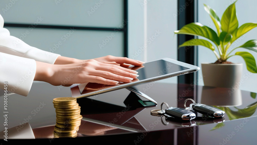 Poster a woman sitting at a table and working with a tablet that is mounted on a stand. there are car keys 