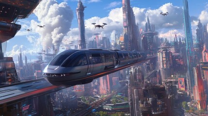 A monorail train moving through a futuristic city skyline, with metallic skyscrapers and flying drones in the air. 