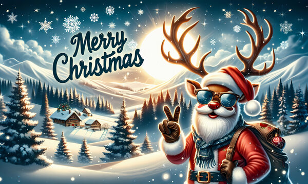 Witziges Rentier im Weihnachsdress als Santa Claus im verschneiten Wald mit dem Text "Merry Christmas"