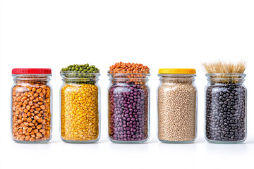 Glass jars containing assorted beans, grains, and seeds on a white background.