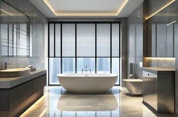 Luxurious Modern Bathroom with Marble Accents, Freestanding Tub, and Elegant Gold Lighting Fixtures