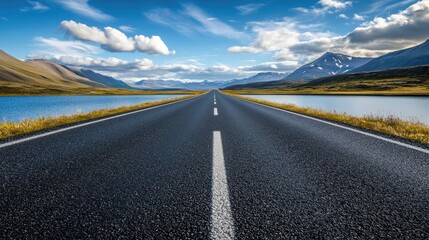 Empty asphalt road stretching towards the horizon with mountains and blue sky.
