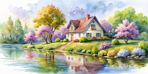 Watercolor Landscape A Cozy Cottage Reflecting in a Tranquil River Surrounded by Lush Greenery and Blooming Trees