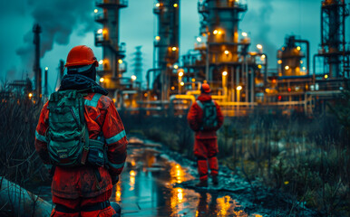 Workers in safety gear at dusk. Two workers in safety gear observe an industrial facility at dusk, with lights reflecting on the wet ground.