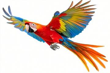 Fototapeta premium Scarlet Macaw Parrot Flying with Wings Spread Isolated on White Background