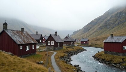 Fototapeta premium Tranquil riverside village in the mist