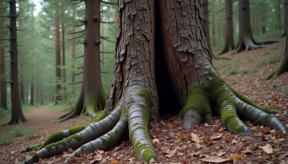  Mossy roots of a tree in a forest evoking a sense of age and mystery
