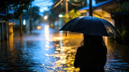 Woman with Umbrella in Rainy Urban Landscape