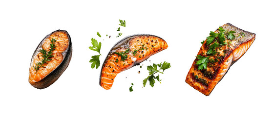 Fresh salmon fillets garnished with herbs, showcasing vibrant colors and textures. Perfect for culinary presentations or healthy meal options