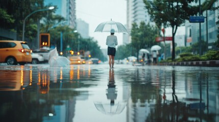 Obraz premium Urban Woman Walking in Rain with Umbrella