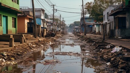 A narrow, muddy street in a developing country neighborhood, lined with simple homes and overflowing with trash.