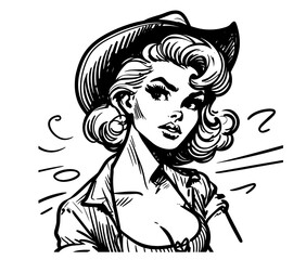 Stylized pin-up cowgirl headshot with iconic hat – retro illustration