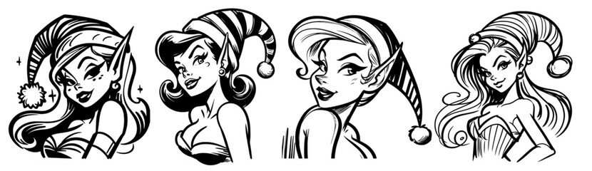 whimsical monochrome designs featuring elves in holiday hats