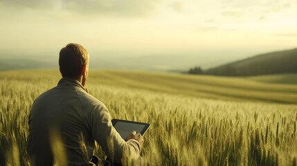 Man using tablet in a wheat field at sunset - Realistic Image