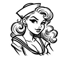 charming nautical-themed female character in retro black vector illustration