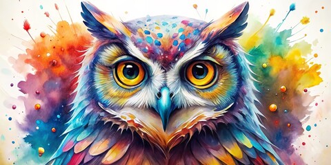 Obraz premium Watercolor Owl Portrait with Colorful Splashes and Bold Eyes