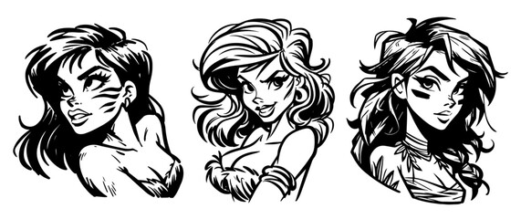 fierce female characters in wild cartoon style black vector illustration