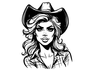 Retro cowgirl pin-up face illustration – vintage black art