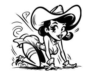 vintage-style pinup cowgirl portrait with western hat black vector
