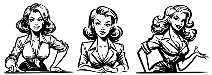 artistic sketch of stylish retro lady in black and white