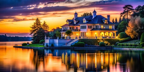 Fototapeta premium Elegant Waterfront Mansion Silhouette, Nature's Serenity, AI Photo