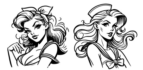 stylish sailor pinup girl in retro art style black vector illustration