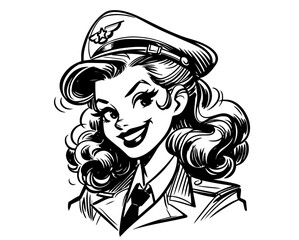 nostalgic aviator girl in uniform with charming smile black vector