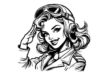 elegant pinup pilot girl with aviation cap and uniform black vector