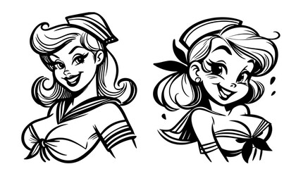 stylish sailor girl pinup illustrations in retro design black vector