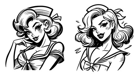 sailor girl pinup portraits with charming smiles black vector
