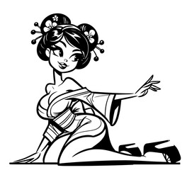beautiful geisha in seated pose line art black vector illustration
