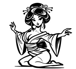 japanese geisha in kimono with floral patterns black vector art