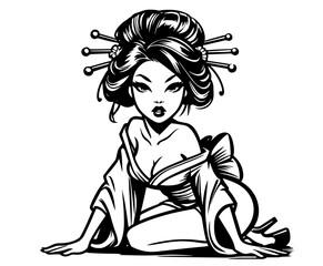 japanese geisha with floral hair decoration in pinup style – black vector