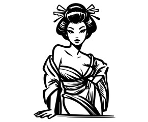 japanese geisha with floral hair decoration in pinup style – black vector