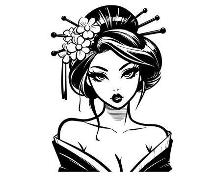 recommend clip art: geisha portrait with traditional hairpins and floral decoration black vector