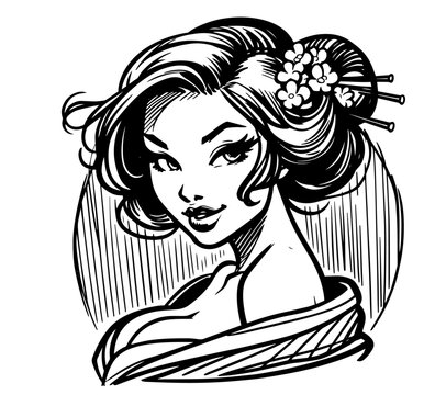 recommend clip art: elegant geisha illustration with detailed hair and kimono black vector