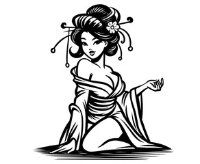 hand-drawn Japanese woman in traditional kimono with floral hairpins