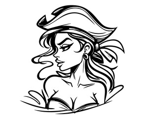classic pirate lady with flowing hair and fierce expression black vector