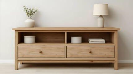 Wooden Console Table with Drawers and Shelves - 3D Illustration