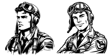 hand-drawn portraits of pilots in goggles and aviator jackets