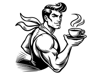 stylish man savoring coffee in vintage illustration black vector