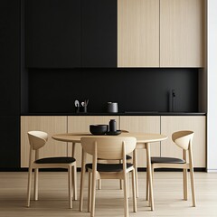 Modern Kitchen Dining Table with Wooden Chairs and Black Cabinets