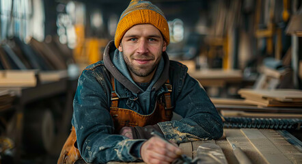 Carpenter working in a woodshop daily. A skilled carpenter smiles confidently while working in a busy woodshop, surrounded by wood and tools.
